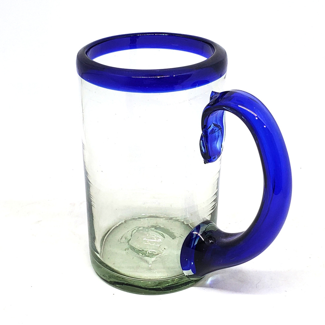 MEXICAN GLASSWARE / Cobalt Blue Rim 14 oz Beer Mugs (set of 6) / Imagine drinking a cold beer in one of these mugs right out of the freezer, the cobalt blue handle and rim makes them a standout in any home bar.